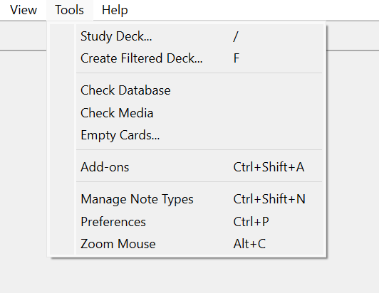 Anki tools menu with the zoom mouse action